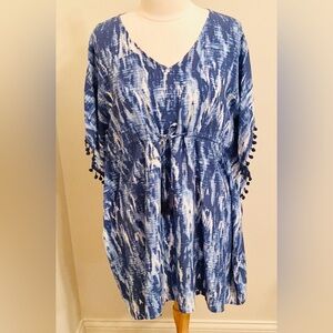 Wave Zone Blue White Tie Dye Tassel Drawstring Waist Swim Cover Up Size S/M
